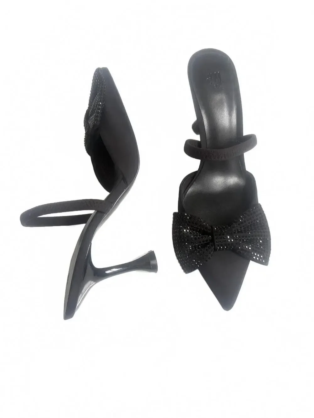 H&M | Black Pointy Toe‎ Rhinestone Bow Round Kitten Heels w/ Strap Size 8